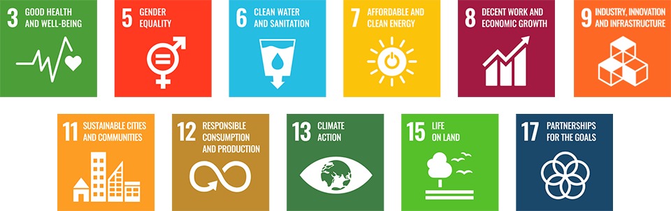 SDGs No.3 No.5 No.6 No.7 No.8 No.11 No.12 No.13 No.15 No.17